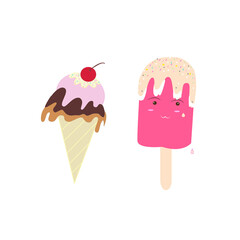 Kawaii ice cream on white background . Vector design .love ice cream. Vector cartoon ice cream. 