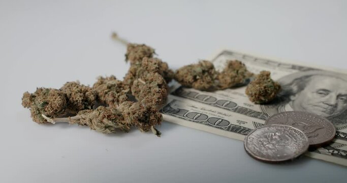 Dollar banknotes and Coins with Cannabis Drugs. Weed on top of Cash with White Background