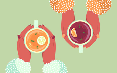 Vector cartoon illustration of two pairs of friends hands drinking herbal tea, cup mug, top view of the table. Friendly support in difficult times. Tea with citrus fruits. Tea break.