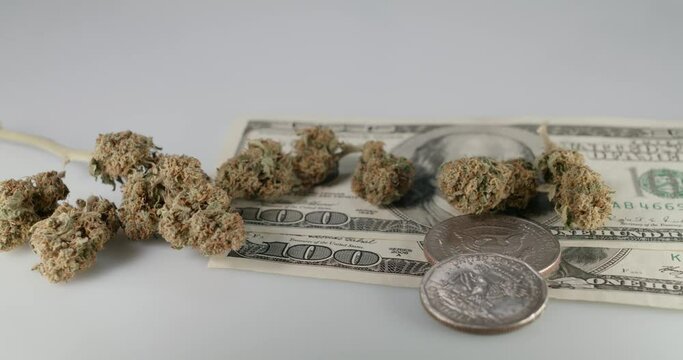 Dollar banknotes and Coins with Cannabis Drugs. Weed on top of Cash with White Background