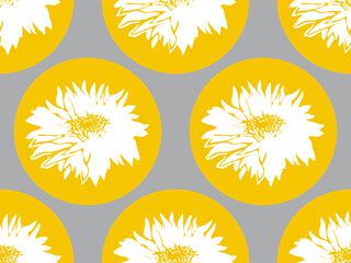 Geometrisches nahtloses Muster mit gelben Kreisformen und Silhouetten von Chrysanthemen auf ultimativem grauem Hintergrund. Nahaufnahmeblütenblumen in voller Blüte. Farbtrend handgezeichnete Vektorgrafik © Rina Ka