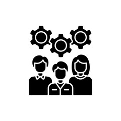 Staff training black glyph icon. Workshop icon. Group of people generating brilliant ideas. Leveling up practical skills. Silhouette symbol on white space. Vector isolated illustration