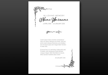 Funeral Death Notice Condolence Card Layout with Floral Elements