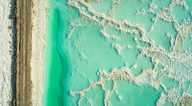 Aerial view of salt veins and road at the Dead sea, Negev, Israel.