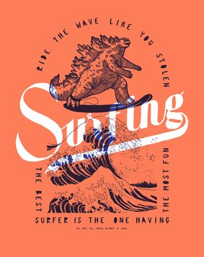 Surfing king of monsters on the wave off Kanagawa. Vintage typography surfing t-shirt print with mythical japanese monster.