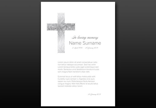 Funeral Death Notice Condolence Card Layout with Floral Cross