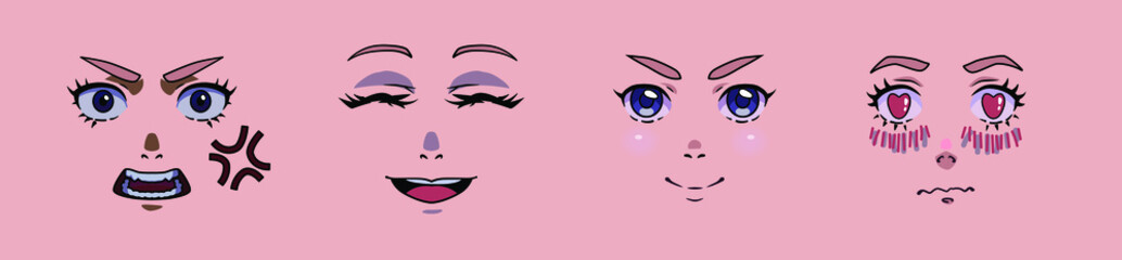 Anime cartoon style mimicry, facial expressions. Different eyes, mouth, eyebrows. Hand drawn vector illustration.