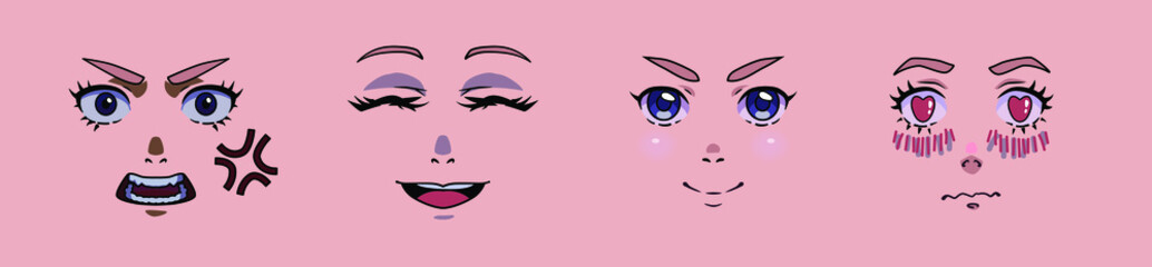 Anime cartoon style mimicry, facial expressions. Different eyes, mouth, eyebrows. Hand drawn vector illustration.