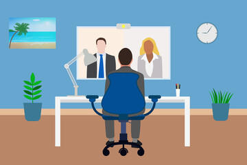 Man in costume having conference call in business activity with his business team online. Remote working online from home. Interior room with computer, flowers,clock,picture.Stock vector illustration.