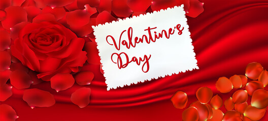 card or banner on Valentine's Day in red in a white rectangle over a red draped with petals and a red rose