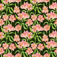 Seamless pattern with watercolor pink alstroemeria and green leaves