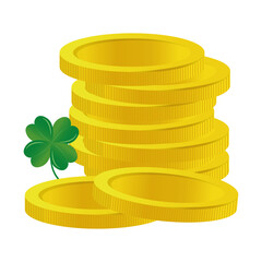 pile coins golden and clover leaf vector illustration design