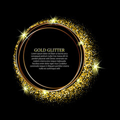 Golden bright frame with small dust particles, gold glitters on a black background, design element