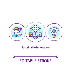 Sustainable innovation concept icon. Integration of consumer ideas into the innovation process of company idea thin line illustration. Vector isolated outline RGB color drawing. Editable stroke