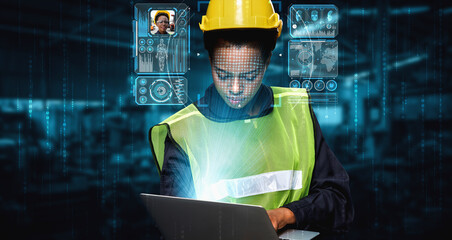 Facial recognition technology for industry worker to access machine control . Future concept interface showing digital biometric security system that analyze human face to verify personal data .