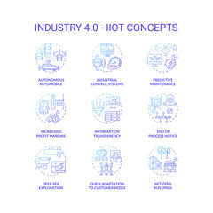 Industry 4.0 concept icons set. Cyber-physical systems idea thin line RGB color illustrations. Increasing profit. Autonomous automobile. Predictive maintenance. Vector isolated outline drawings