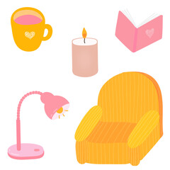 Cozy reading set. Vector hand drawn cliparts with textures: yellow striped armchair, book with heart, cup of beverage, candle with flame, pink lamp. For stickers, scrapbooking, fabric, social media.