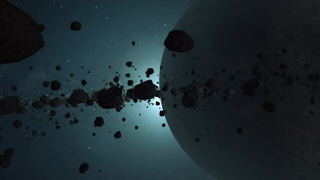 3d simulation of a group of asteroids rotating in the atmosphere of an imaginary planet. Astronomy concept.