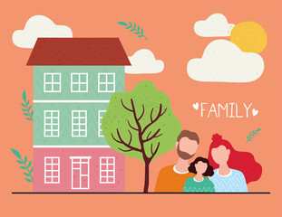 love family members characters together with house scene vector illustration design