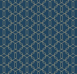 Abstract geometric pattern with lines and rhombuses A seamless vector background. Blue-black and gold texture