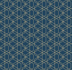 Abstract geometric pattern with lines and rhombuses A seamless vector background. Blue-black and gold texture