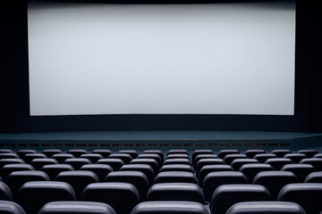 Cinema hall with white screen and black chairs.