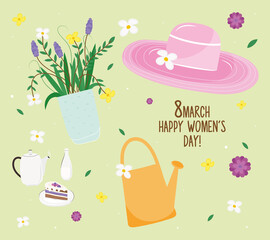 happy womens day lettering card with set icons vector illustration design