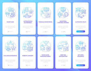 CPS implementation onboarding mobile app page screen with concepts set. Med monitoring, net-zero building walkthrough 5 steps graphic instructions. UI vector template with RGB color illustrations