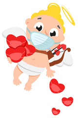 Cupid in a medical mask scatters hearts. Character, Valentines Day