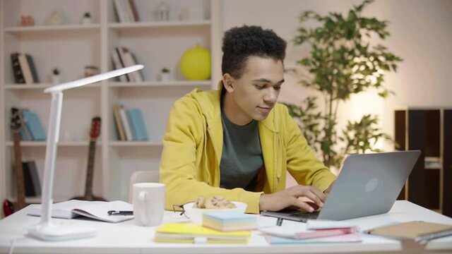 Mixed race teenager preparing for exam on laptop pc, distance learning