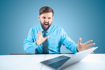 a bearded businessman behind a laptop holds out his hands and shouts, a man in a blue shirt shows the emotions of the scream