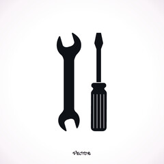 Spanner and Screwdriver icon with bonus quad copter service design elements. Vector illustration style is flat iconic intensive  black symbols on white background