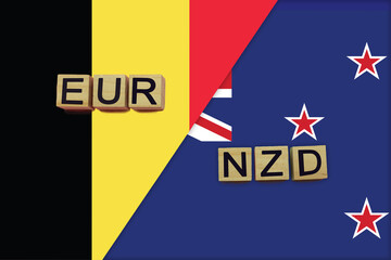 Belgium and New Zealand currencies codes on national flags background