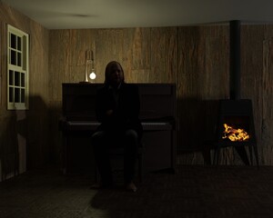 3d computer rendered illustration of a man sitting on a bench by a piano © westwindgraphics