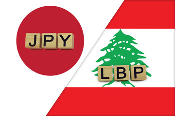 Japan and Lebanon currencies codes on national flags background