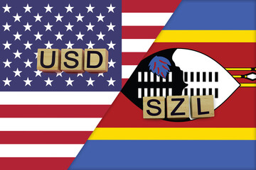 Naklejka premium USA and Eswatini currencies codes on national flags background