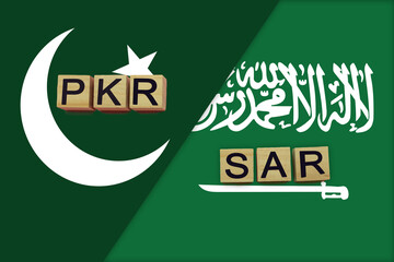 Pakistan and Saudi Arabia currencies codes on national flags background