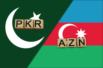 Pakistan and Azerbaijan currencies codes on national flags background