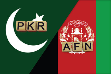 Pakistan and Afghanistan currencies codes on national flags background