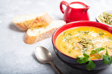Vegetarian Autumn Pumpkin Cream Soup with Seeds
