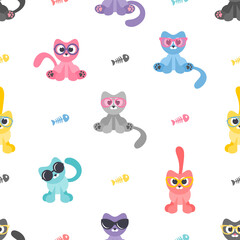Seamless pattern with cats with sunglasses and fish bones