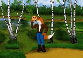 Illustration for the Russian folk tale "Kolobok". Sly Fox.
