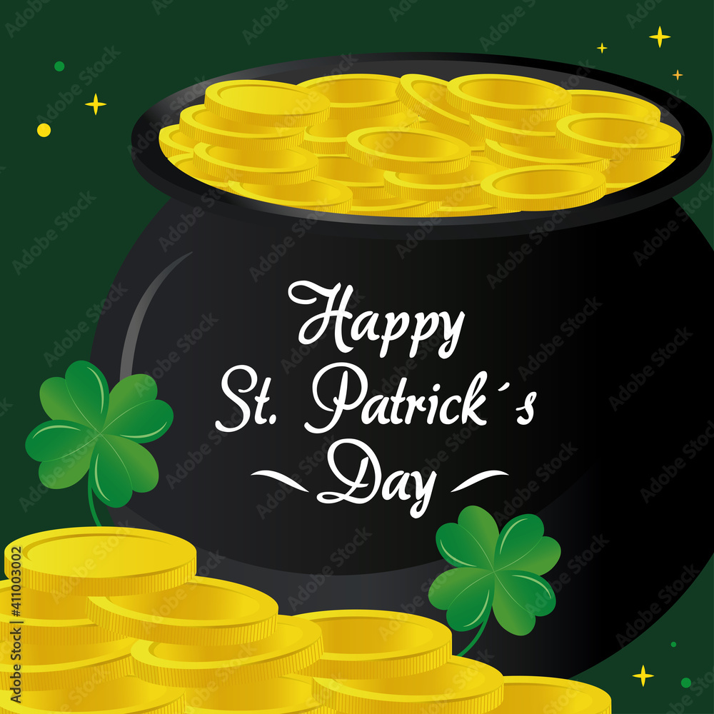 Wall mural saint patricks day lettering in treasure cauldron and clovers vector illustration design