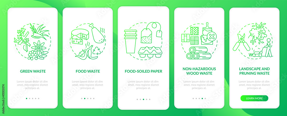 Aufkleber organic waste material onboarding mobile app page screen with concepts. green, landscape waste walkt