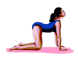 Ilustración de la postura de yoga Bidalasana o postura del gato. Ásana clásica de yoga
