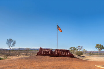 Alice Springs, Northern Territory, Australia; January 18, 2021 - A sign on the outskirts of Alice Springs in the Northern Territory of Australia.	
