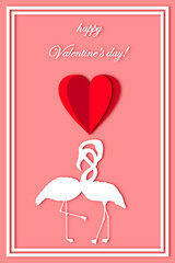 Happy Valentine's Day - card. Two flamingos hugging together, love. 