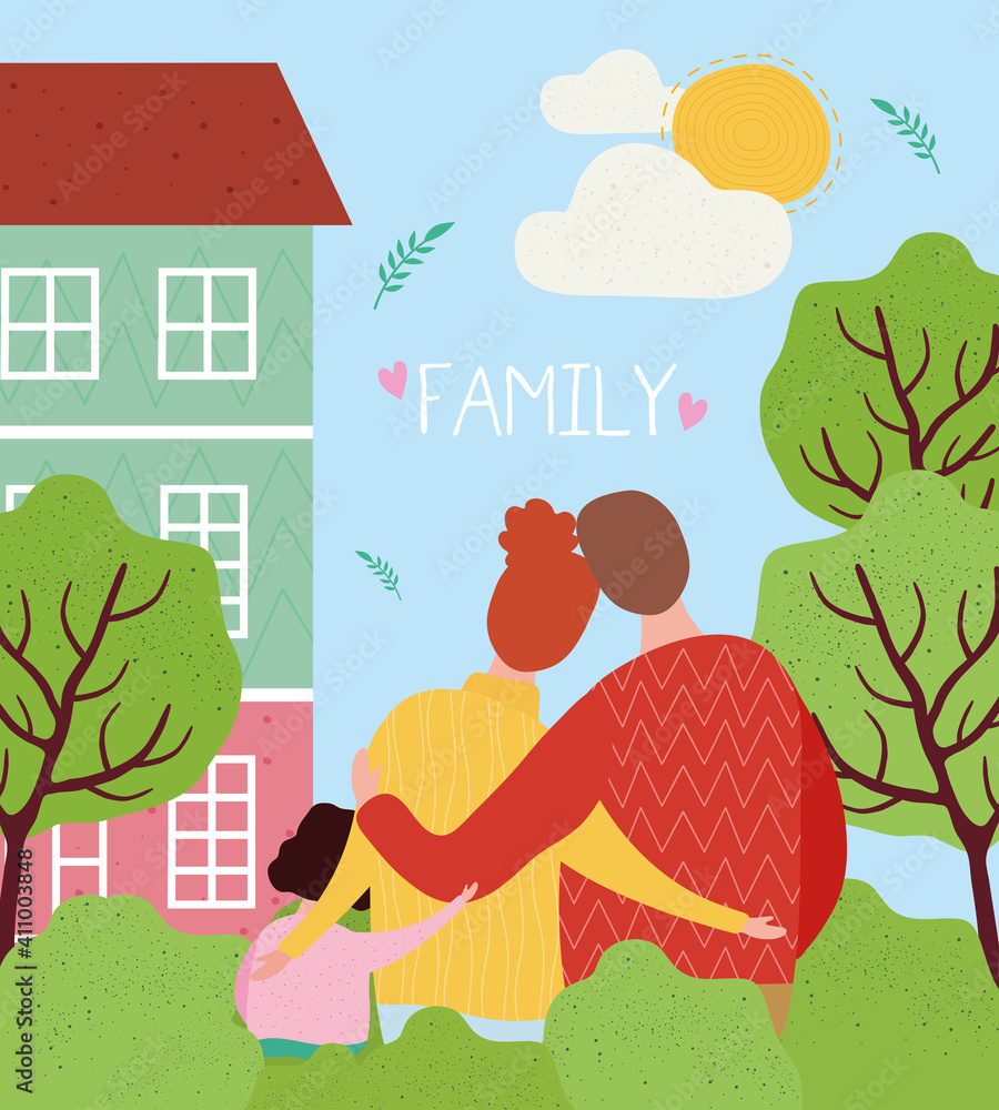 Sticker house and love family members characters together scene vector illustration design