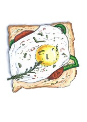 Realistic hand-drawn illustration of a toast with fried egg , green pepper, red tomatoes , spices and herbs on white background. Breakfast and snacks menu art