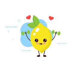 Cute happy smiling lemon character make fitness gym with dumbbells